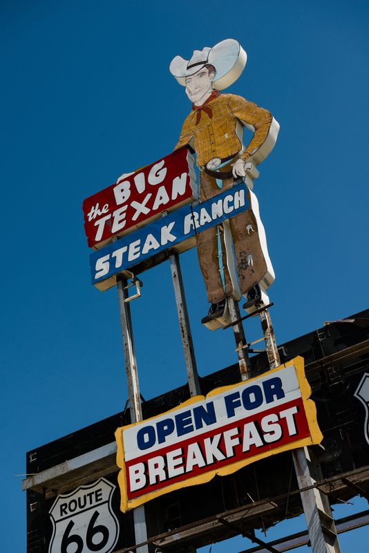 The Big Texan signs can be seen from the highway.