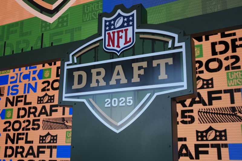 Apr 23, 2025; Green Bay, WI, USA; A general overall view of the 2025 NFL Draft logo on the Draft stage at Lambeau Field. Mandatory Credit: Kirby Lee-Imagn Images