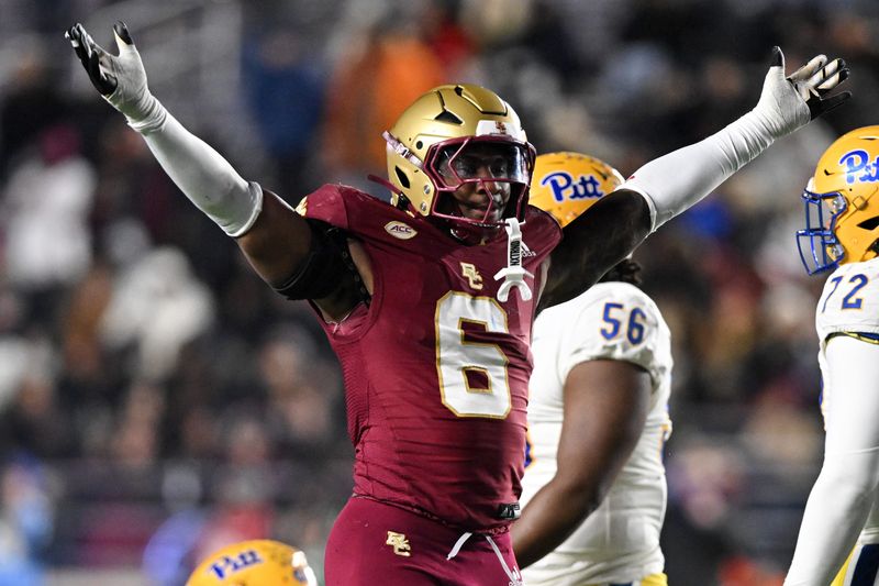 Nov 30, 2024; Chestnut Hill, Massachusetts, USA; Boston College Eagles defensive end Donovan Ezeiruaku (6) reacts after a sack against the Pittsburgh Panthers during the second half at Alumni Stadium. Mandatory Credit: Brian Fluharty-Imagn Images