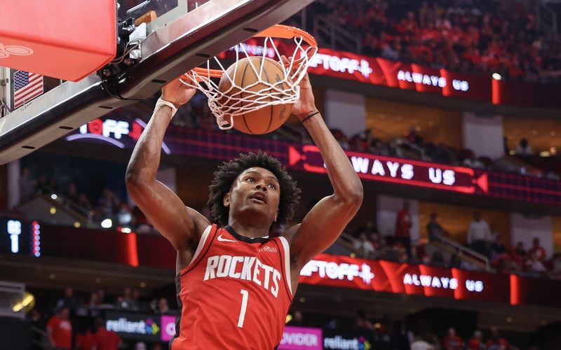 Apr 30, 2025; Houston, Texas, USA; Houston Rockets forward Amen Thompson (1) dunks against the Golden State Warriors in the fourth quarter during game five of first round for the 2025 NBA Playoffs at Toyota Center. Mandatory Credit: Thomas Shea-Imagn Images