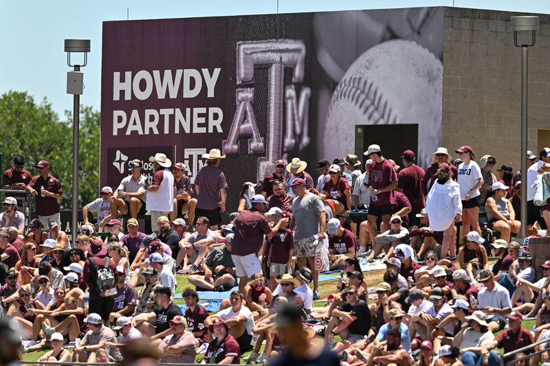 Jun 8, 2024; College Station, TX, USA; A detailed view of fans as the get ready for the game between Texas A&M and Oregon at Olsen Field, Blue Bell Park Mandatory Credit: Maria Lysaker-USA TODAY Sports