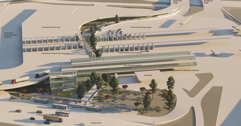 Richter Architects produced this rendering that was used during community meetings to show the scope of the modernization project proposed for El Paso's Bridge of Americas land port of entry. This image shows an aerial view of the project looking south into Mexico.