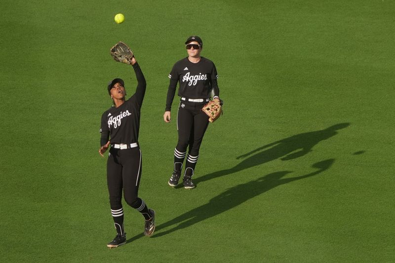 Texas A&M infielder KK Dement (16) catches a fly ball during a softball game between Tennessee and Texas A&M at Sherri Parker Lee Stadium at University of Tennessee, in Knoxville, Tenn., May 1, 2025.