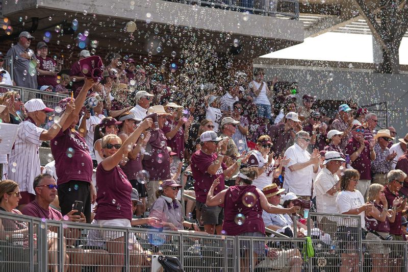 Texas A&M fans use bubble machines to celebrate a home run during the NCAA D1 Softball Tournament Regional against Saint Francis University at Davis Diamond at Texas A&M University on Friday, May 16, 2025 in College Station, Texas.