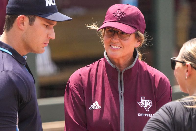 Texas A&M head coach Trisha Ford talks to officials ahead of the NCAA D1 Softball Tournament Regional against Saint Francis University at Davis Diamond at Texas A&M University on Friday, May 16, 2025 in College Station, Texas.