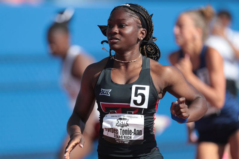 Texas Tech sophomore Tonie-Ann Forbes competes in the 100-meter hurdles during the Big 12 Track and Field Championships at Rock Chalk Park in Lawrence, Kansas.