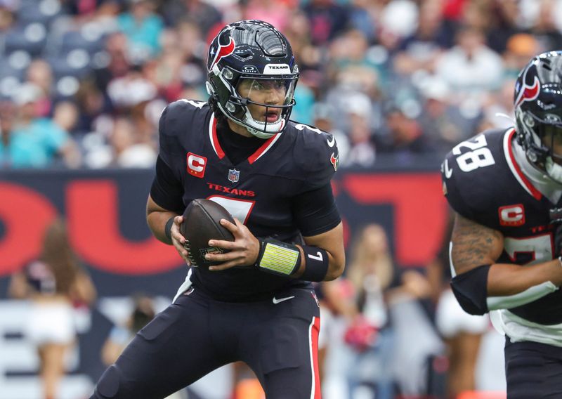 Dec 15, 2024; Houston, Texas, USA; Houston Texans quarterback C.J. Stroud (7) drops back in the pocket during the first quarter against the Miami Dolphins at NRG Stadium. Mandatory Credit: Troy Taormina-Imagn Images