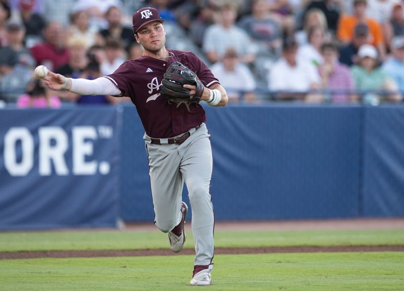 Texas A&M Aggies' Wyatt Henseler (8) throws the ball to first base as LSU Tigers take on Texas A&M Aggies during the SEC baseball tournament at Hoover Met in Birmingham, Ala., on Friday, May 23, 2025.