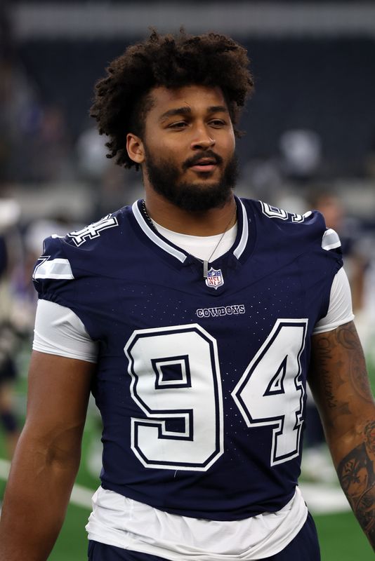 Aug 24, 2024; Arlington, Texas, USA; Dallas Cowboys defensive end Marshawn Kneeland (94) walks off the field after the game against the Los Angeles Chargers at AT&T Stadium. Mandatory Credit: Tim Heitman-USA TODAY Sports