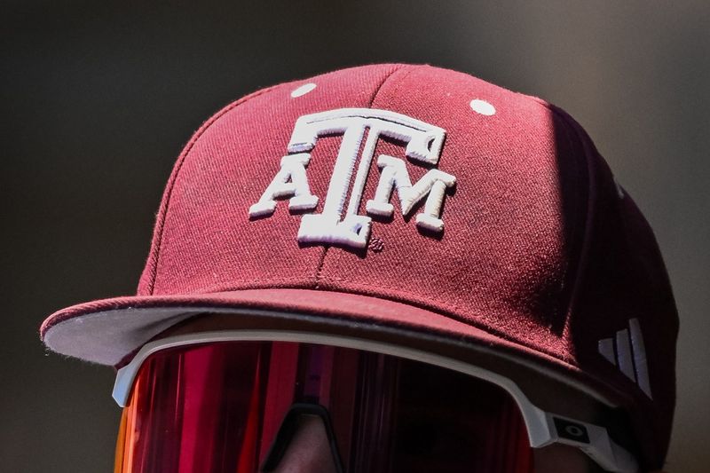 Jun 8, 2024; College Station, TX, USA; A detailed view of a Texas A&M baseball cap worn during the game against the Oregon at Olsen Field, Blue Bell Park Mandatory Credit: Maria Lysaker-USA TODAY Sports