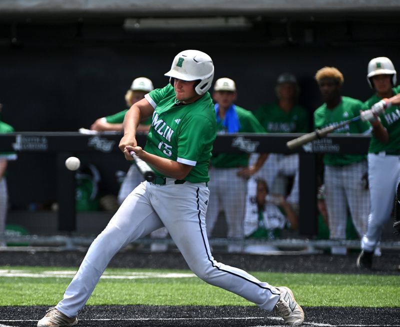 Hamlin’s Jantz Botos swings for the ball during the Pipers’ Class 1A state semifinal baseball game against Gordon in Abilene Saturday May 31, 2025. Final score was 9-6, Gordon.