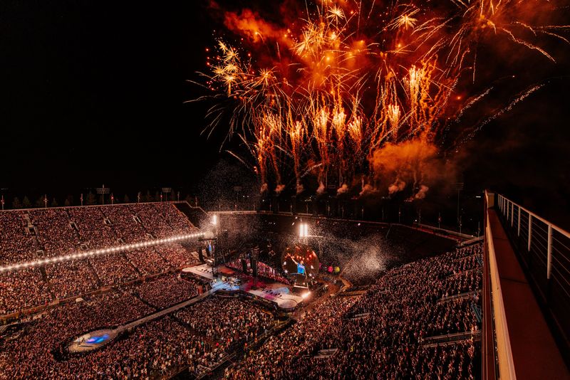 Coldplay's pyrotechnics lit up the sky May 31 at Stanford Stadium in Palo Alto, Calfornia.