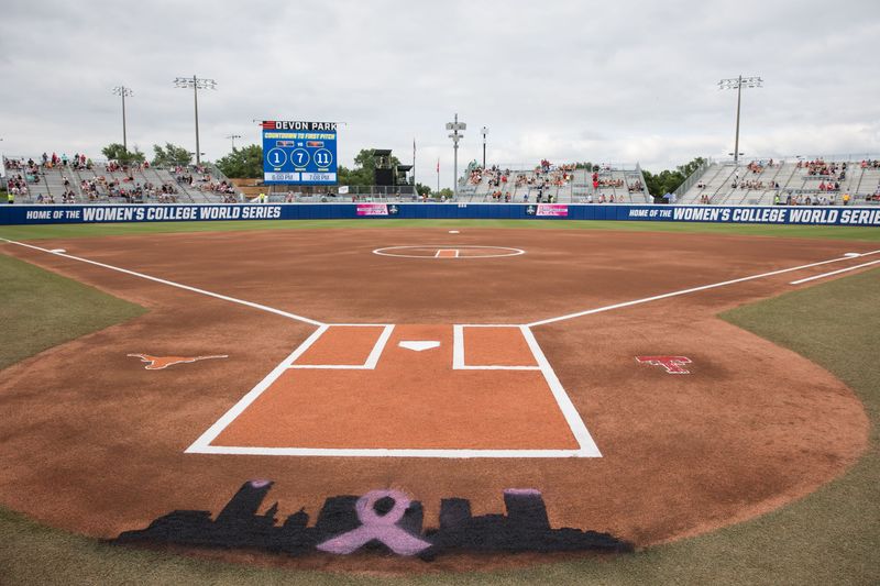 Jun 4, 2025; Oklahoma City, OK, USA; The field is ready for game one of the finals between the Texas Longhorns and the Texas Tech Red Raiders in the NCAA Softball Women's College World Series finals at Devon Park. Mandatory Credit: Brett Rojo-Imagn Images