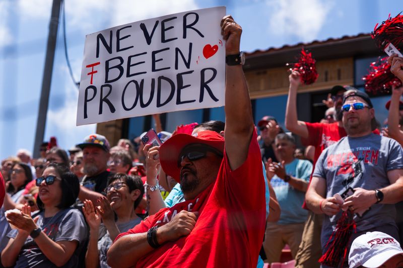 Texas Tech fans cheer during a welcome back event for the Red Raider softball team at Rocky Johnson Field in Lubbock, Texas, on Friday, June 7, 2025.