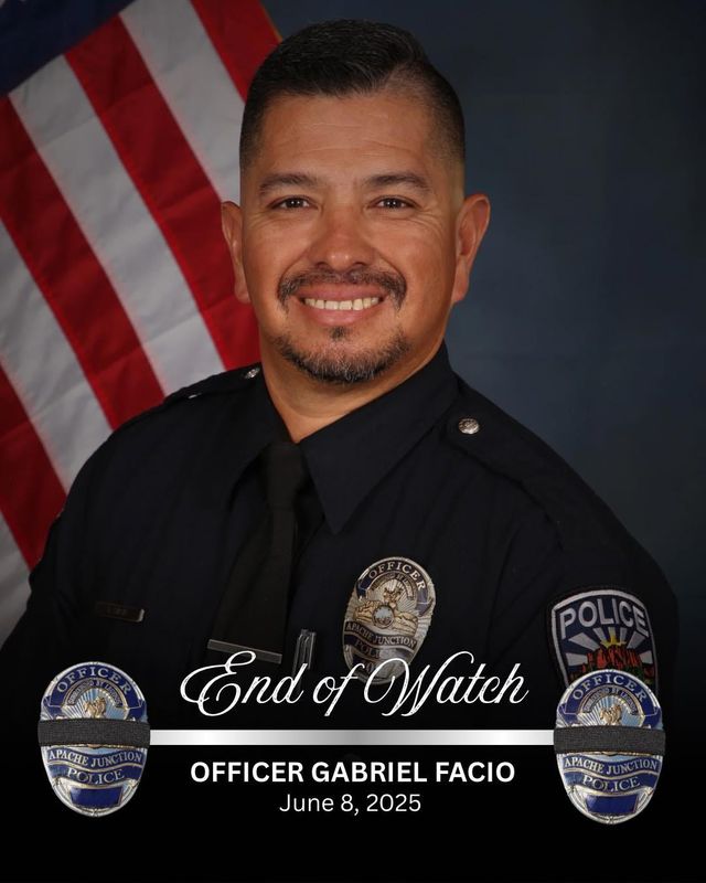 Officer Gabriel Facio of the Apache Junction Police Department was shot after confronting a driver brandishing a firearm on June 2, 2025. Facio died of his injuries on June 8, 2025.