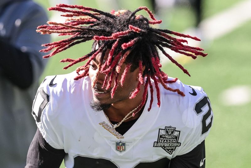 Dec 6, 2020; East Rutherford, New Jersey, USA; Las Vegas Raiders cornerback Damon Arnette (20) before the game against the New York Jets at MetLife Stadium. Mandatory Credit: Vincent Carchietta-USA TODAY Sports