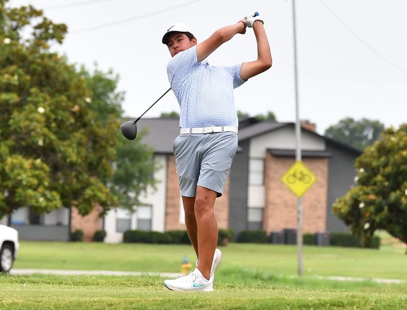 Wichita Falls' Austin McCollum tees off during day two of the Texas-Oklahoma Junior Golf Tournament at Weeks Park on Tuesday, June 10, 2025 in Wichita Falls.