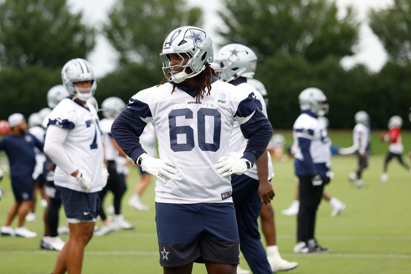 Jun 10, 2025; Arlington, TX, USA; Dallas Cowboys offensive tackle Tyler Guyton (60) goes through a drill during practice at the Ford Center at the Star Training Facility in Frisco, Texas. Mandatory Credit: Chris Jones-Imagn Images
