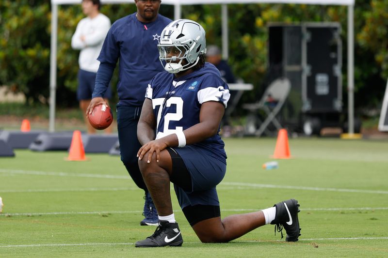 Jun 10, 2025; Arlington, TX, USA; Dallas Cowboys defensive tackle Tommy Akingbesote (72) goes through a drill during practice at the Ford Center at the Star Training Facility in Frisco, Texas. Mandatory Credit: Chris Jones-Imagn Images