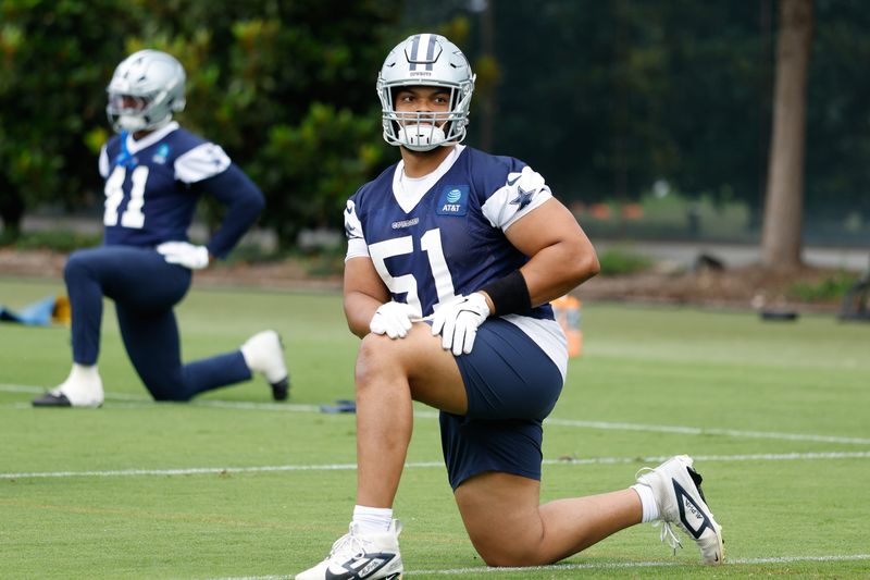 Jun 10, 2025; Arlington, TX, USA; Dallas Cowboys defensive end Earnest Brown IV (51) goes through a drill during practice at the Ford Center at the Star Training Facility in Frisco, Texas. Mandatory Credit: Chris Jones-Imagn Images