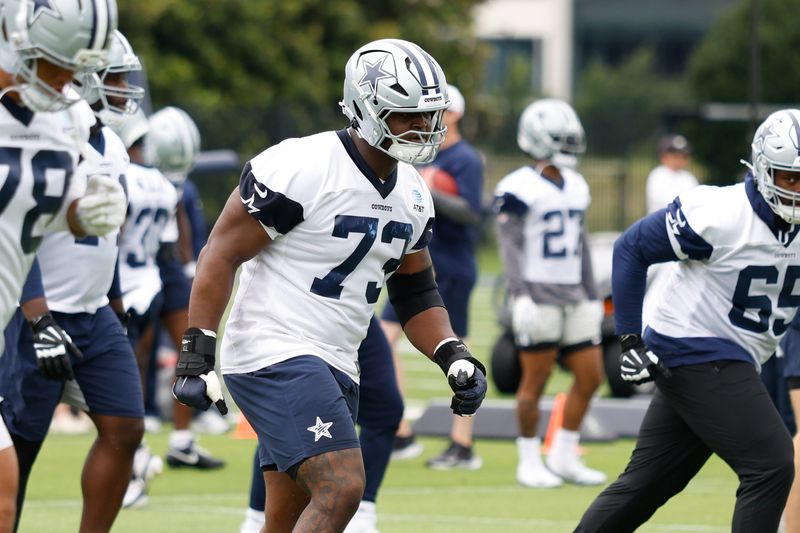Jun 10, 2025; Arlington, TX, USA; Dallas Cowboys guard Tyler Smith (73) goes through a drill during practice at the Ford Center at the Star Training Facility in Frisco, Texas. Mandatory Credit: Chris Jones-Imagn Images
