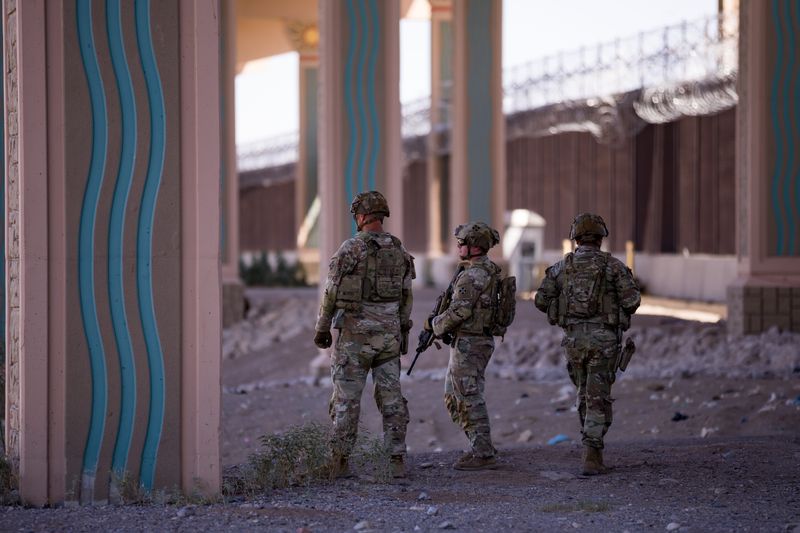 U.S. Army personnel patrol the area near the Rio Grande on the U.S. side during a multi-agency news conference on Wednesday, June 11, 2025, to discuss increased border enforcement measures and the National Defense Authorization Act.