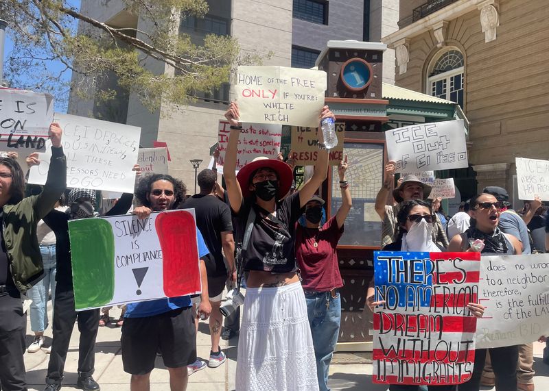 Protesters gather outside of the Richard C. White federal courthouse to protest ICE and militarization of Los Angeles on June 11
