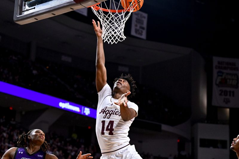 Dec 28, 2024; College Station, Texas, USA; Texas A&M Aggies forward Chris McDermott (14) makes a lay up against the Abilene Christian Wildcats at Reed Arena. The Aggies defeated the Wildcats 92-54. Mandatory Credit: Maria Lysaker-Imagn Images