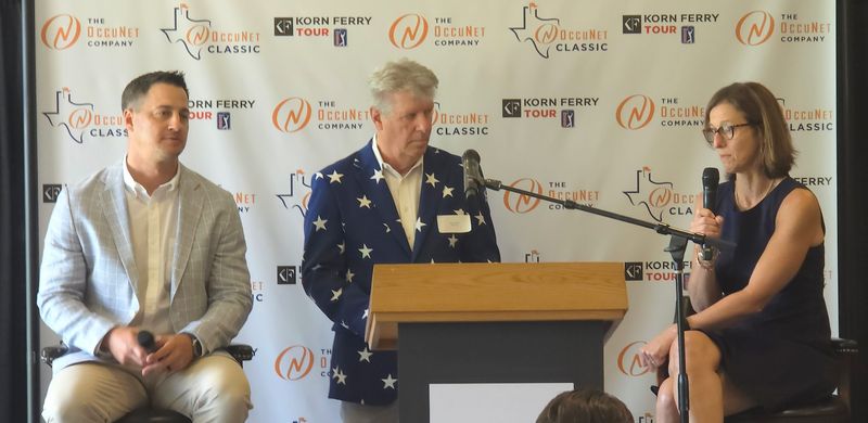 Korn Ferry Tour President Alex Baldwin speaks during a press conference June 11 announcing the OccuNet Classic as Danny Rodgers, CEO of Framework Events, and Lance Lahnert look on.