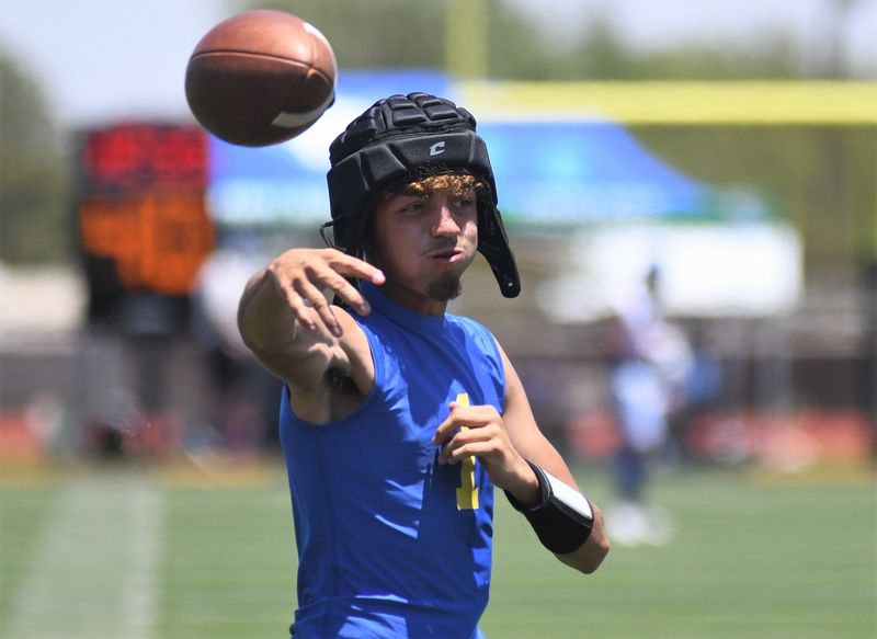 A Hale Center player throws the ball against Odessa Compass in the Sudan 7-on-7 football state-qualifying tournament Friday, June 13, 2025, at Hornet Field in Sudan.