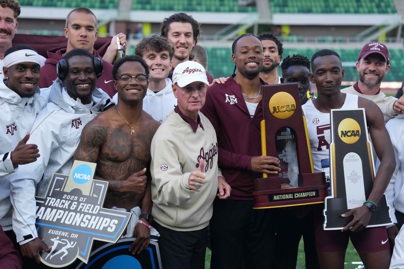 Jun 13, 2025; Eugene, OR, USA; Members of the Texas A&M men's team and coach Pat Henry pose after tying for the national team title during the NCAA Track and Field Championships at Hayward Field. Mandatory Credit: Kirby Lee-Imagn Images