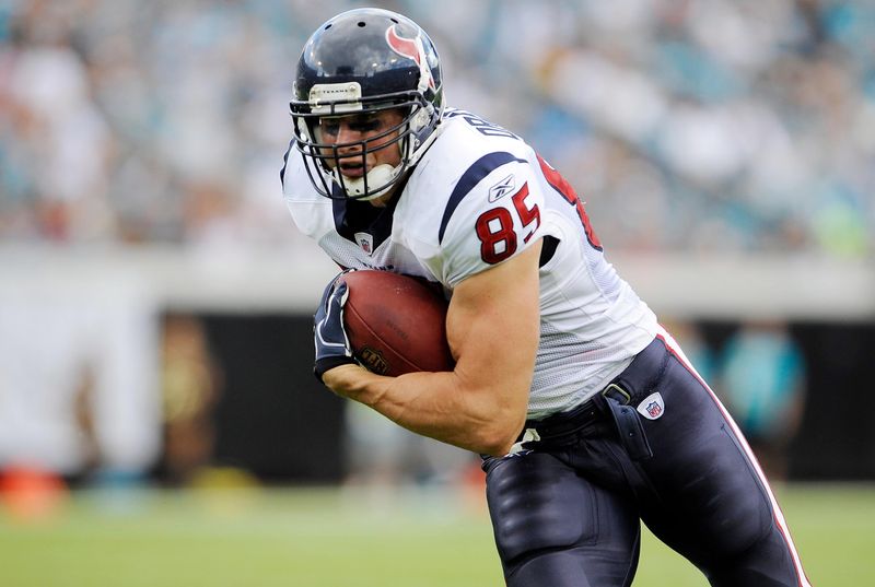 Nov 27, 2011; Jacksonville, FL, USA; Houston Texans tight end Joel Dreessen (85) scores a touchdown during the second quarter against the Jacksonville Jaguars at EverBank Field. Mandatory Credit: Jerome Miron-USA TODAY Sports