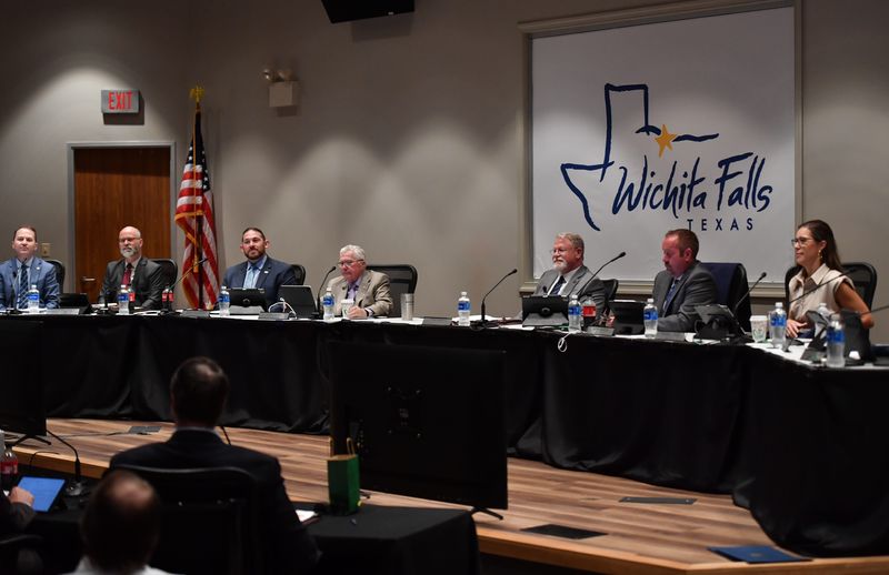 Wichita Falls City Council members listen to comments from the public during a meeting on Tuesday at the Multi-Purpose Events Center.