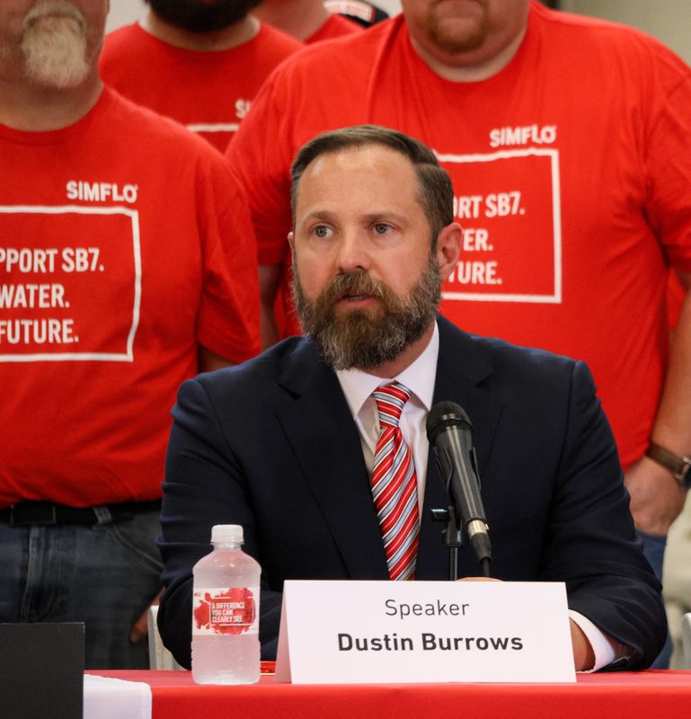 Texas House Speaker Dustin Burrows, R-Lubbock, speaks at Gov. Greg Abbott's bill signing ceremony for a $20 billion water investment bill at SIMFLO's Engineering Products Facility — 605 26th St. — on June 18, 2025 in Lubbock, Texas.