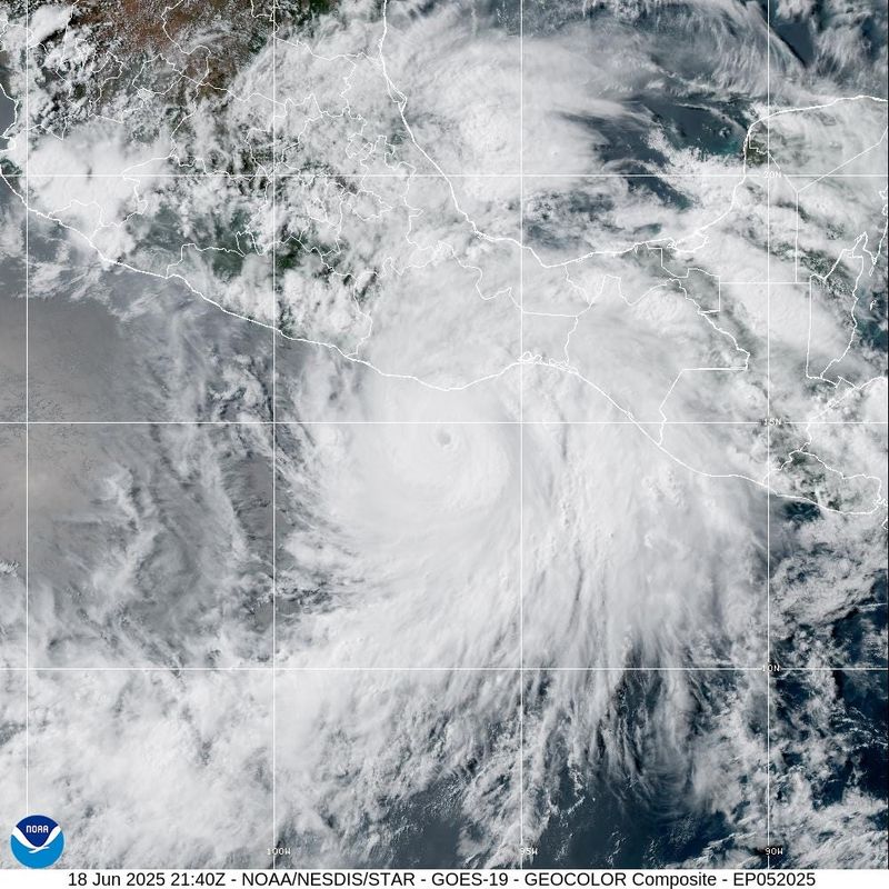An eye is seen at the center of rapidly strengthening Hurricane Erick via NOAA satellite on June 18, 2025.