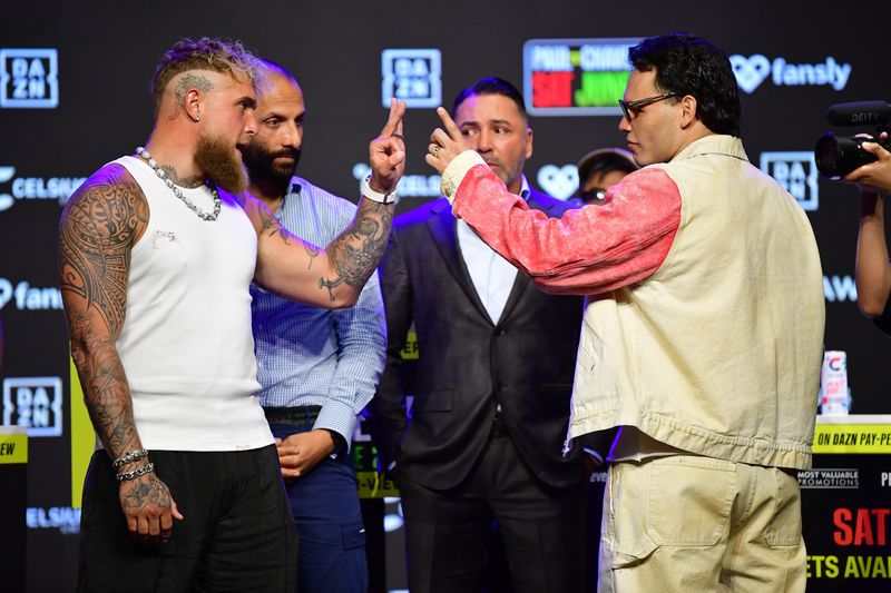 May 14, 2025; Los Angeles, California, USA; Jake Paul and Julio Cesar Chavez Jr. pose for photos in anticipation of their fight at Avalon Hollywood Theater. Mandatory Credit: Gary A. Vasquez-Imagn Images ORG XMIT: IMAGN-1283047 ORIG FILE ID: 20250514_gav_sv5_039.jpg