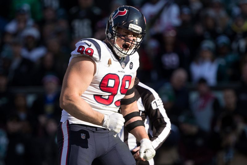 Dec 23, 2018; Philadelphia, PA, USA; Houston Texans defensive end J.J. Watt (99) reacts to a turnover against the Philadelphia Eagles during the second quarter at Lincoln Financial Field. Mandatory Credit: Bill Streicher-USA TODAY Sports