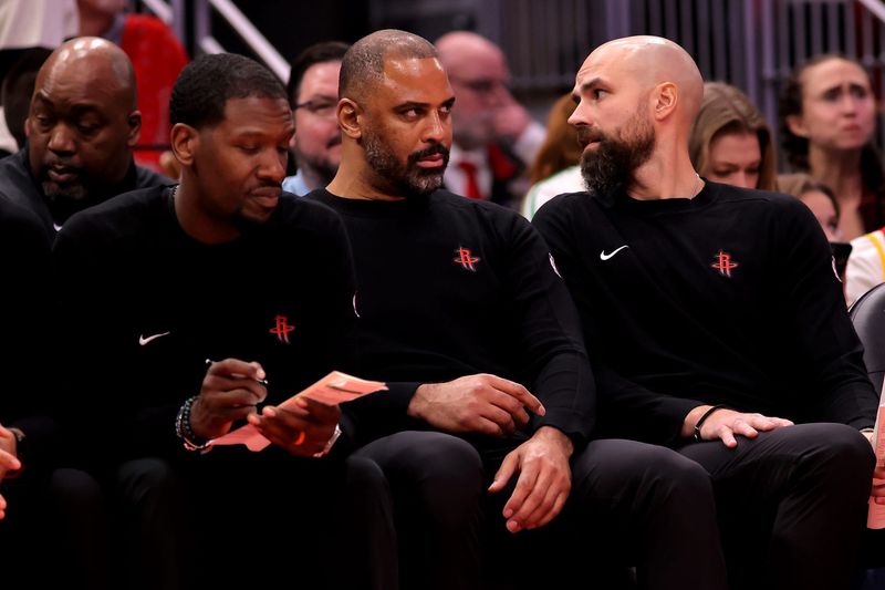 Jan 3, 2025; Houston, Texas, USA; Houston Rockets head coach Ime Udoka on the bench against the Boston Celtics during the third quarter at Toyota Center. Mandatory Credit: Erik Williams-Imagn Images