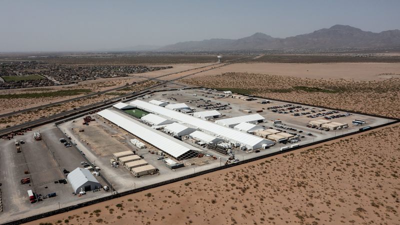 A drone image of the soft-sided facility used to house migrants in north El Paso, Texas taken on June 16, 2025. The facility is a 153,300-square-foot facility sits on 28 acres according to a Customs and Border Protection press release from 2023.