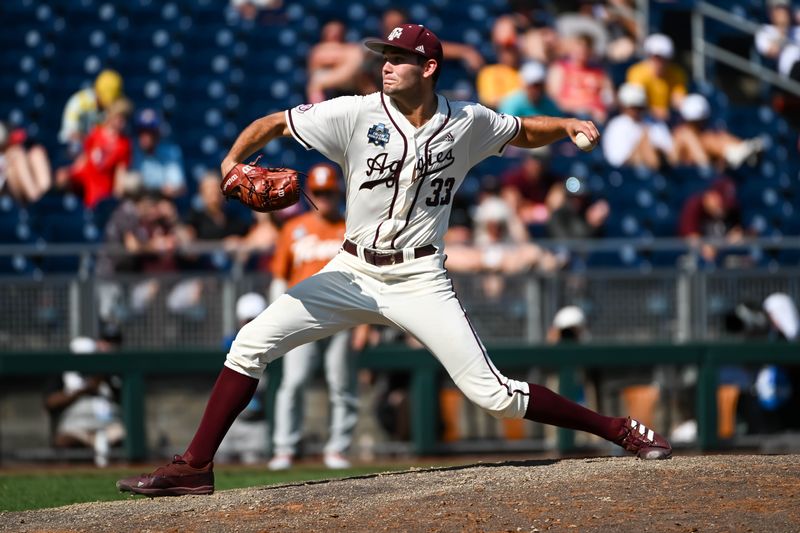 Jun 19, 2022; Omaha, NE, USA; Texas A&M Aggies pitcher Jacob Palisch (33) pitches against the Texas Longhorns in the eighth inning at Charles Schwab Field. Mandatory Credit: Steven Branscombe-USA TODAY Sports
