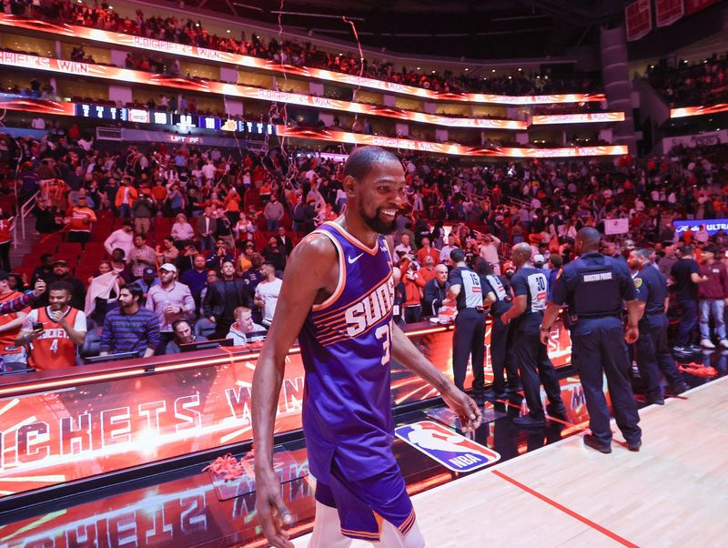Feb 12, 2025; Houston, Texas, USA; Phoenix Suns forward Kevin Durant (35) after playing against the Houston Rockets at Toyota Center. Mandatory Credit: Thomas Shea-Imagn Images