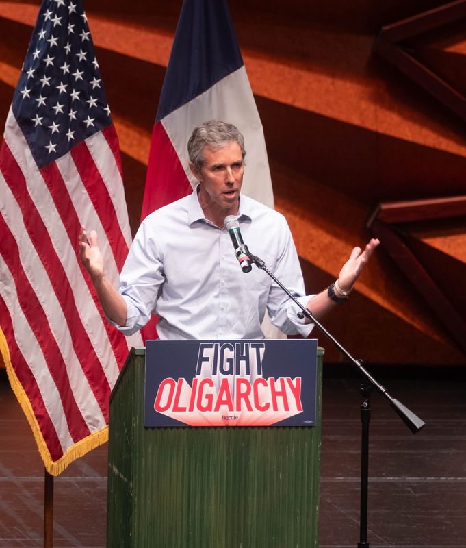 Former U.S. Rep. Beto O’Rourke addresses Amarillo residents at the Fighting Oligarchy rally on June 22. O’Rourke praised local organizers and called for Democrats to invest in Panhandle communities.