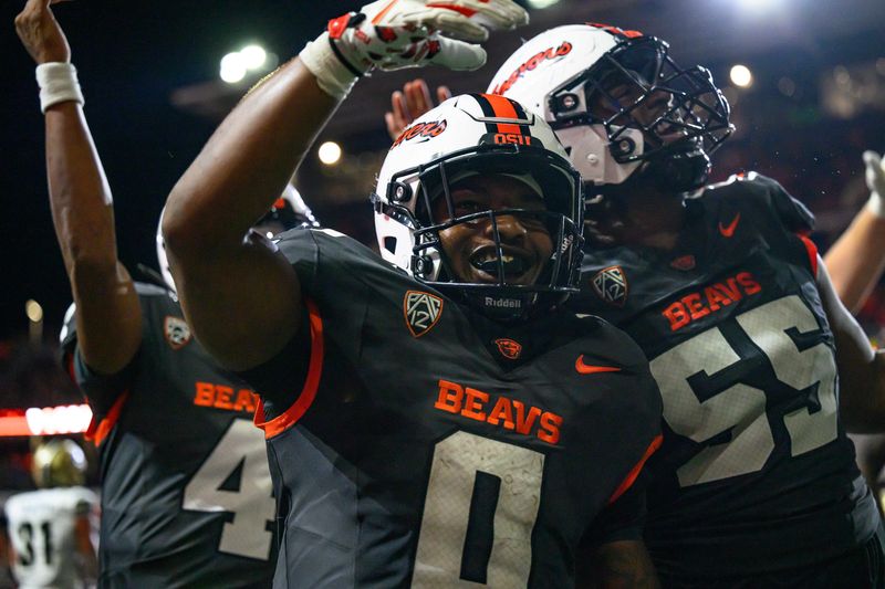 Sep 21, 2024; Corvallis, Oregon, USA; Oregon State Beavers running back Anthony Hankerson (0) scores a touchdown during the fourth quarter against the Purdue Boilermakers at Reser Stadium. Mandatory Credit: Craig Strobeck-Imagn Images