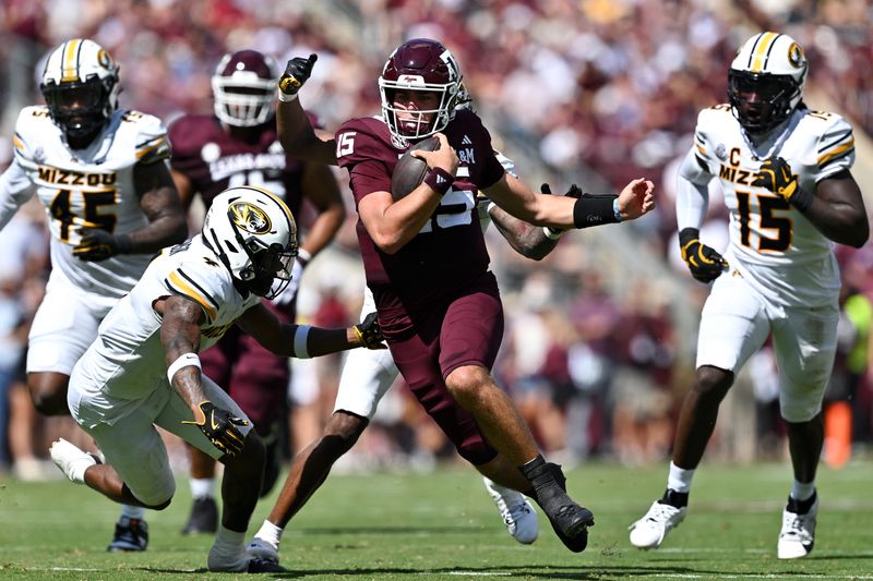 Oct 5, 2024; College Station, Texas, USA; Texas A&M Aggies quarterback Conner Weigman (15) runs the ball in the first half against the Missouri Tigers at Kyle Field. Mandatory Credit: Maria Lysaker-Imagn Images.