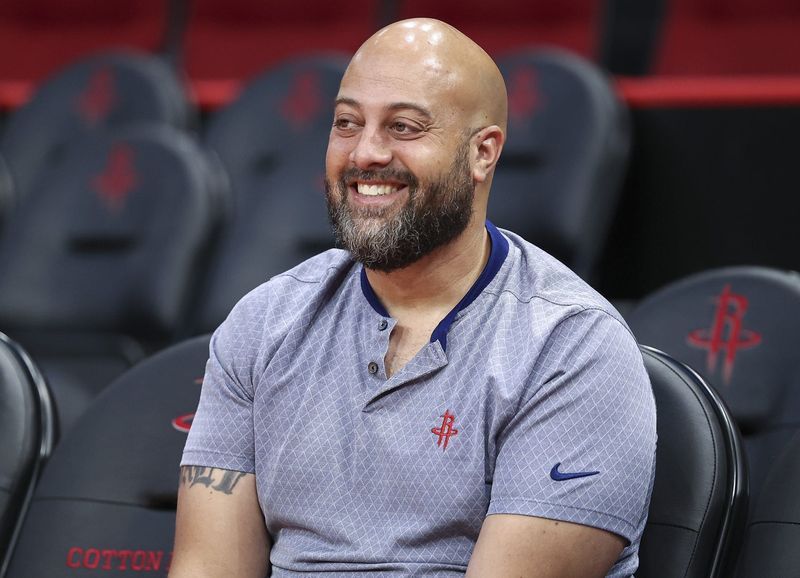 Oct 2, 2022; Houston, Texas, USA; Houston Rockets general manager Rafael Stone smiles before the preseason game against the San Antonio Spurs at Toyota Center. Mandatory Credit: Troy Taormina-USA TODAY Sports