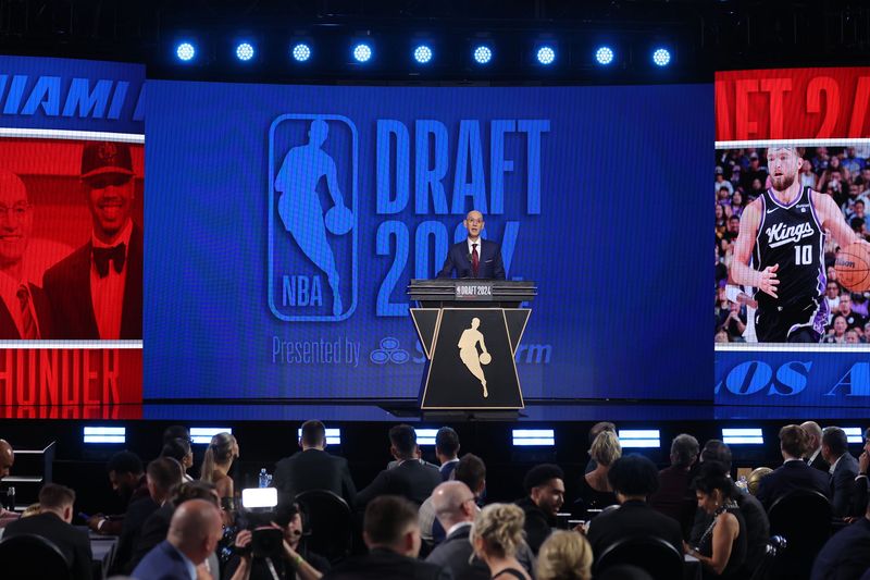 Jun 26, 2024; Brooklyn, NY, USA; NBA commissioner Adam Silver speaks before the first round of the 2024 NBA Draft at Barclays Center. Mandatory Credit: Brad Penner-USA TODAY Sports