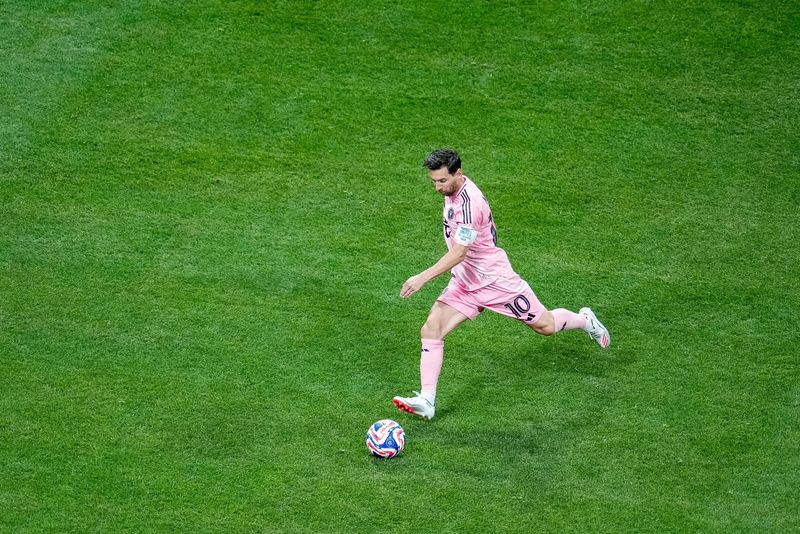 Inter Miami forward Lionel Messi (10) takes a free kick during a group stage match of the 2025 FIFA Club World Cup at Mercedes-Benz Stadium on June 19, 2025.