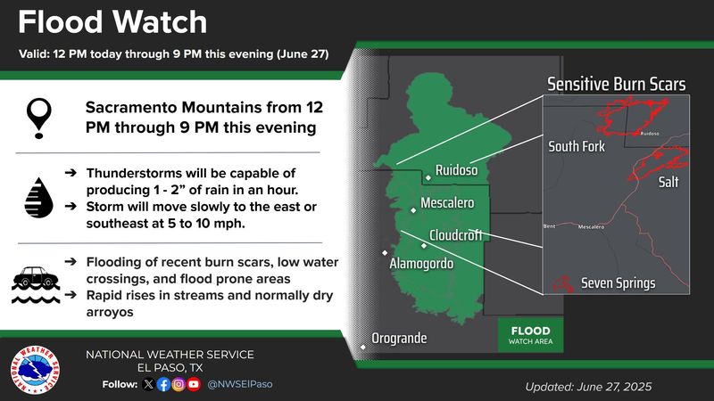 Ruidoso continues to be under a flood watch from noon until 9 p.m. on Friday, June 27 for slow moving thunderstorms that could drop up to two inches of rain an hour, according to the National Weather Service.
