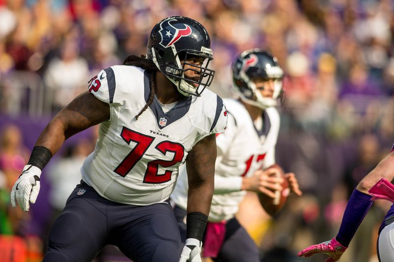 Oct 9, 2016; Minneapolis, MN, USA; Houston Texans tackle Derek Newton (72) blocks against the Minnesota Vikings in the first quarter at U.S. Bank Stadium. Mandatory Credit: Bruce Kluckhohn-USA TODAY Sports
