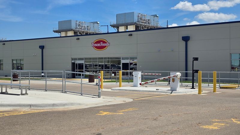 The exterior of Tyson Foods’ Amarillo facility is shown on Friday, June 27, 2025. Workers gathered in the plant parking lot during a union-led T-shirt distribution event calling for a fair contract.